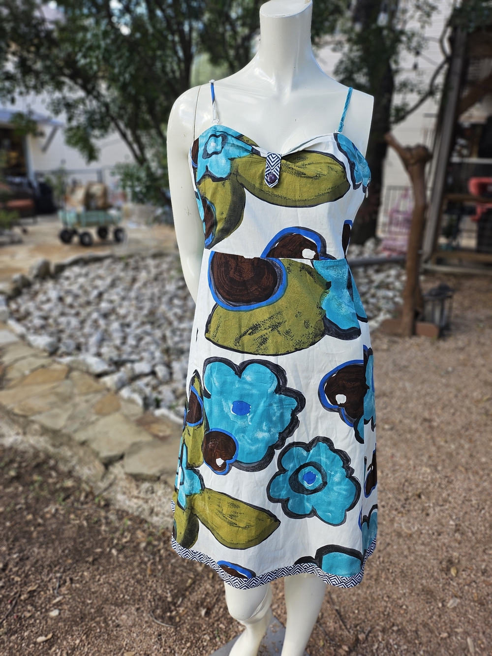 Maeve White Slip Dress with Abstract Teal and Olive Floral Print 10